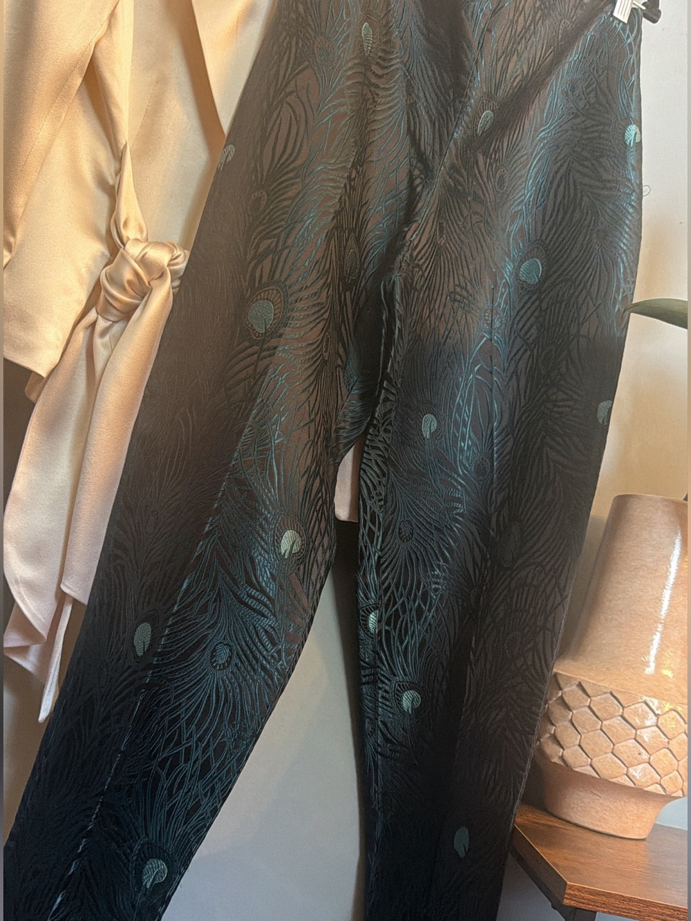 Peacock Burnout Velvet Pants Size 6 Silk Blend Teal Black Evening Trousers